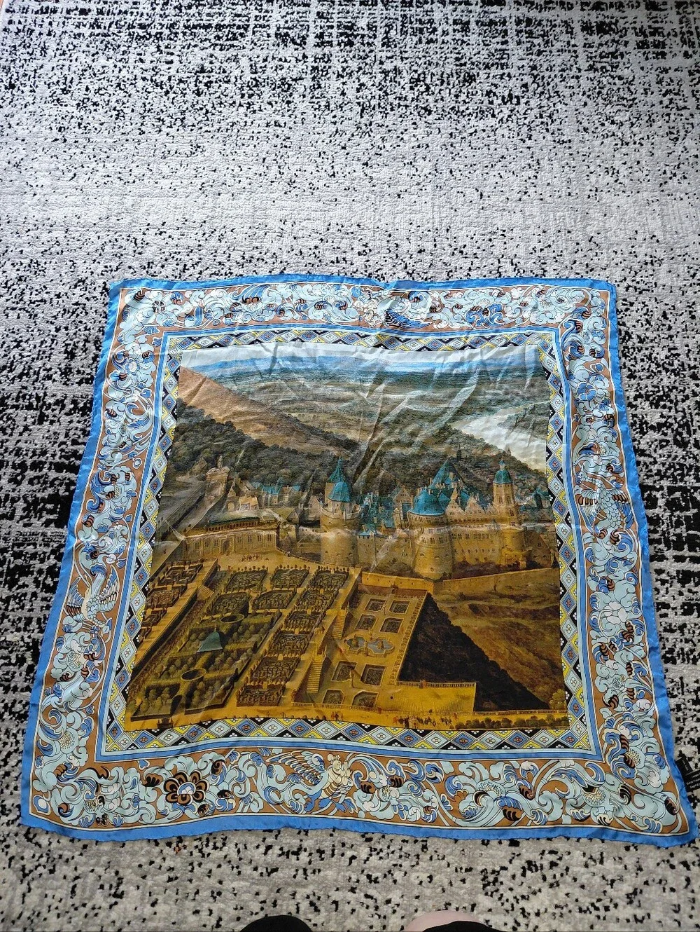 Vintage Heidelberg Castle 100% Silk Scarf 34x34 Blue Baroque Germany Travel CC